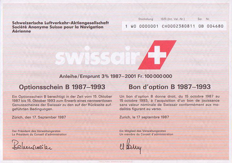 Swissair Optionsschein B 1987